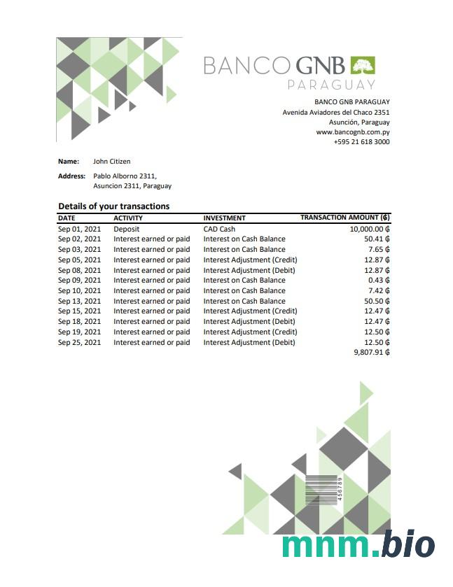 Paragwaj Banco Continental S. A. E. C. A. wyciąg bankowy -